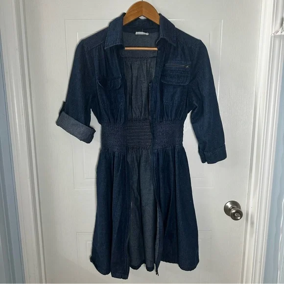 Denim Zip‑Front Utility Dress Small Smocked Waist Roll‑Tab Sleeves - Picture 6 of 7